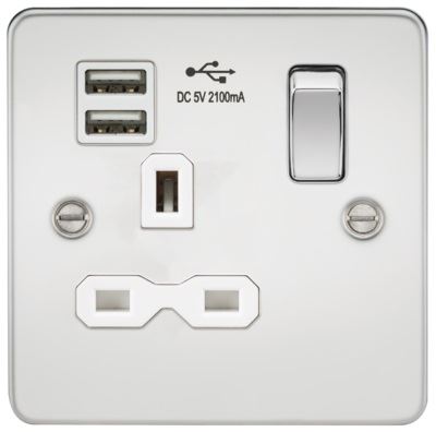 Picture of 1 GANG SOCKET  FLAT PLATE
C/W DUAL USB CHARGER POLISHED CHROME WH/INS