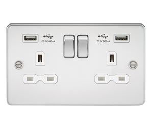 Picture of 2 GANG SOCKET  FLAT PLATE
C/W DUAL USB CHARGER POLISHED CHROME WH/INS