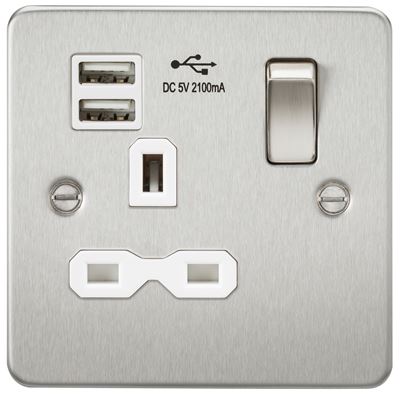 Picture of 1 GANG SOCKET  FLAT PLATE
C/W DUAL USB CHARGER BRUSHED CHROME WH/INS