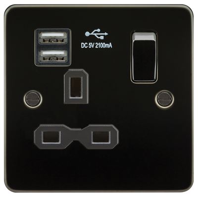 Picture of 1 GANG SOCKET  FLAT PLATE
C/W DUAL USB CHARGER GUNMETAL  BLK/INS