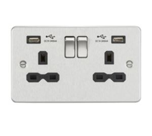 Picture of 2 GANG SOCKET  FLAT PLATE
C/W DUAL USB CHARGER BRUSHED CHROME BLK/INS