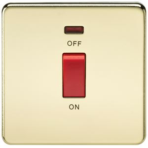 Picture of 45A DP  SWITCH  C/W NEON SCREWLESS FLAT PLATE
1 GANG POLISHED BRASS