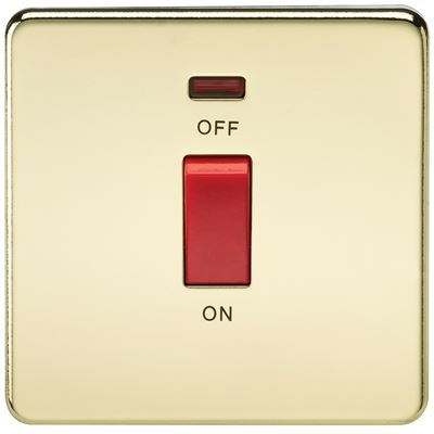 Picture of 45A DP  SWITCH  C/W NEON SCREWLESS FLAT PLATE
1 GANG POLISHED BRASS
