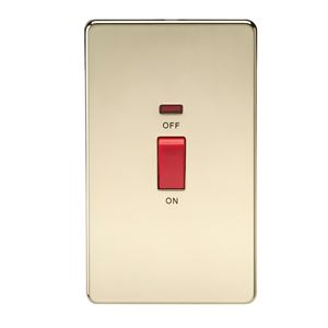 Picture of 45A DP  SWITCH  C/W NEON SCREWLESS FLAT PLATE
2 GANG POLISHED BRASS