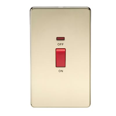 Picture of 45A DP  SWITCH  C/W NEON SCREWLESS FLAT PLATE
2 GANG POLISHED BRASS