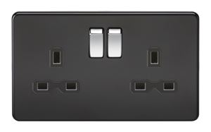 Picture of 2 GANG SOCKET MATT BLACK Chrome Switches 
Screwless Flat Plate 
