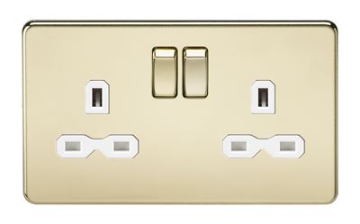 Picture of 2 GANG SOCKET POLISHED BRASS
SCREWLESS FLAT PLATE WHITE INSERT