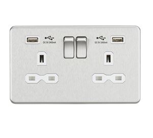 Picture of 2 GANG SOCKET SCREWLESS FLAT PLATE
C/W DUAL USB CHARGER BRUSHED CHROME WH/INS