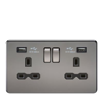 Picture of 2 GANG SOCKET SCREWLESS FLAT PLATE
C/W DUAL USB CHARGER BLACK NICKEL BLK/INS