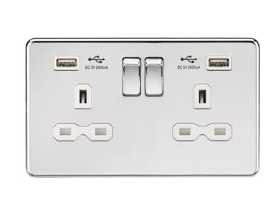 Picture of 2 GANG SOCKET SCREWLESS FLAT PLATE
C/W DUAL USB CHARGER POLISHED CHROME WH/INS