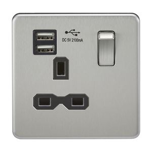 Picture of 1 GANG SOCKET SCREWLESS FLAT PLATE
C/W DUAL USB CHARGER BRUSHED CHROME BLK/INS