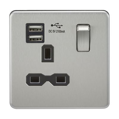 Picture of 1 GANG SOCKET SCREWLESS FLAT PLATE
C/W DUAL USB CHARGER BRUSHED CHROME BLK/INS