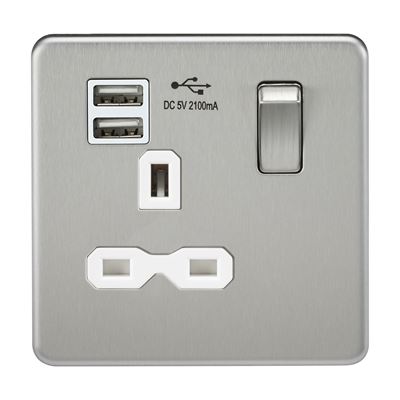 Picture of 1 GANG SOCKET SCREWLESS FLAT PLATE
C/W DUAL USB CHARGER BRUSHED CHROME WH/INS