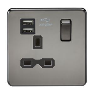 Picture of 1 GANG SOCKET SCREWLESS FLAT PLATE
C/W DUAL USB CHARGER BLACK NICKEL BLK/INS