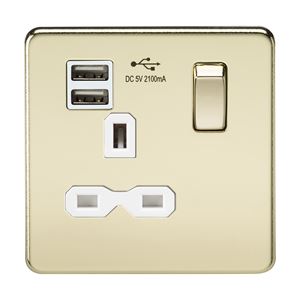 Picture of 1 GANG SOCKET POLISHED BRASS C/W  USB POINT
SCREWLESS FLAT PLATE WHITE INSERT