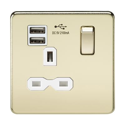 Picture of 1 GANG SOCKET POLISHED BRASS C/W  USB POINT
SCREWLESS FLAT PLATE WHITE INSERT