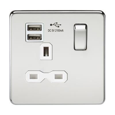 Picture of 1 GANG SOCKET SCREWLESS FLAT PLATE
C/W DUAL USB CHARGER POLISHED CHROME WH/INS