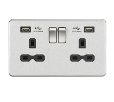 Picture of 2 GANG SOCKET SCREWLESS FLAT PLATE
C/W DUAL USB CHARGER BRUSHED CHROME BLK/INS