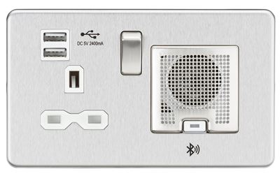 Picture of 2 GANG SOCKET BRUSHED CHROME C/W 2 USB POINTS
BLUE TOOTH SPEAKER
SCREWLESS FLAT PLATE