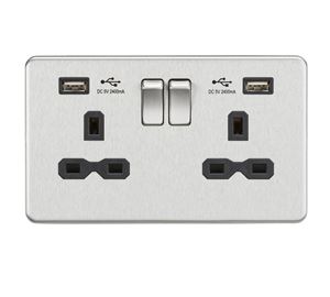 Picture of 13A 2G SP Switched Socket with Dual USB A+A (5V DC 2.4A shared) - Brushed Chrome with Black Insert