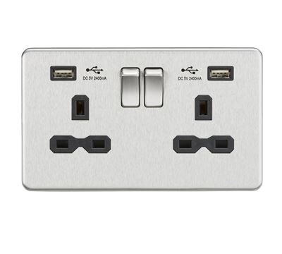 Picture of 13A 2G SP Switched Socket with Dual USB A+A (5V DC 2.4A shared) - Brushed Chrome with Black Insert