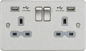 Picture of 2 GANG SOCKET FLAT PLATE WITH SCREWS C/W DUAL USB CHARGER BRUSHED CHROME GREY /INS