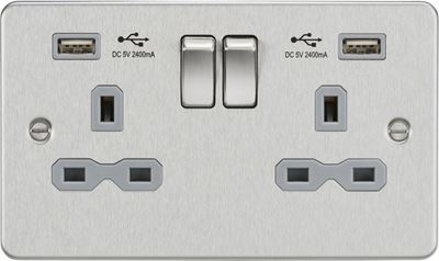 Picture of 2 GANG SOCKET FLAT PLATE WITH SCREWS C/W DUAL USB CHARGER BRUSHED CHROME GREY /INS