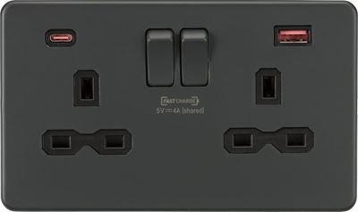 Picture of 13A 2G DP Switched Socket with Dual USB Charger A+C (max. 18W QC/PD FASTCHARGE) - Anthracite