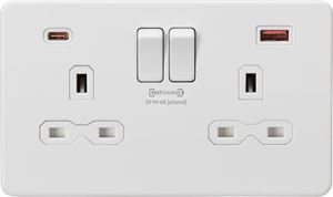 Picture of 2 GANG SOCKET MATT WHITE  C/W DUAL USB CHARGER A + C (FASTCHARGE)SCREWLESS FLAT PLATE