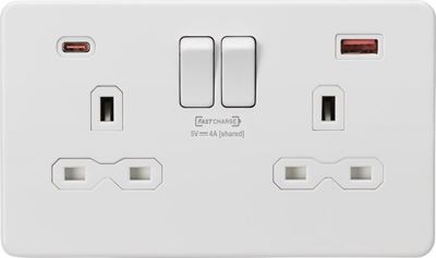 Picture of 2 GANG SOCKET MATT WHITE  C/W DUAL USB CHARGER A + C (FASTCHARGE)SCREWLESS FLAT PLATE