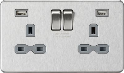 Picture of 13A 2G switched socket with dual USB charger A + A (2.4A) - Brushed chrome with grey insert