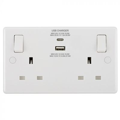 Picture of 13A Twin Switched Socket with USB A & C - 30W - Nexus - White